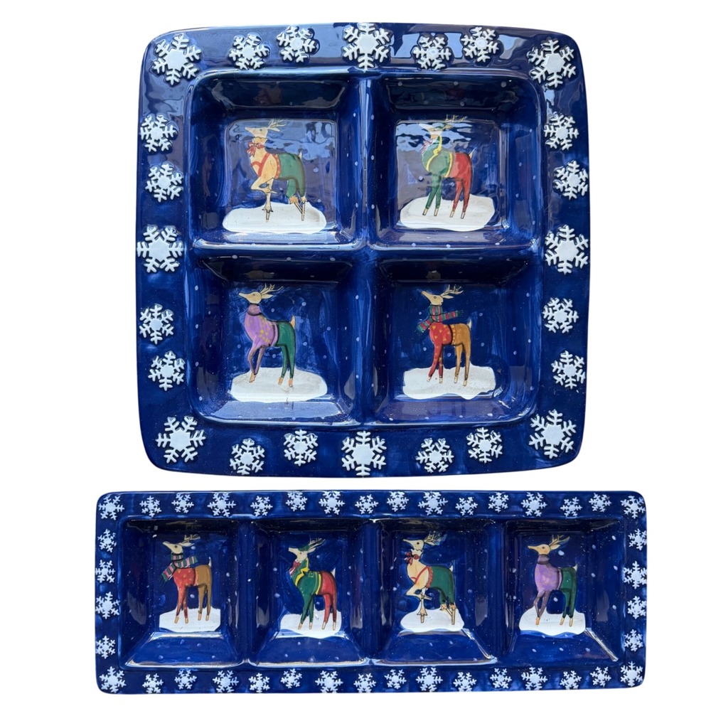 CIC Rebecca Ruegger Holiday Reindeer Ceramic Platter Set 2 Blue Snowflake Tray